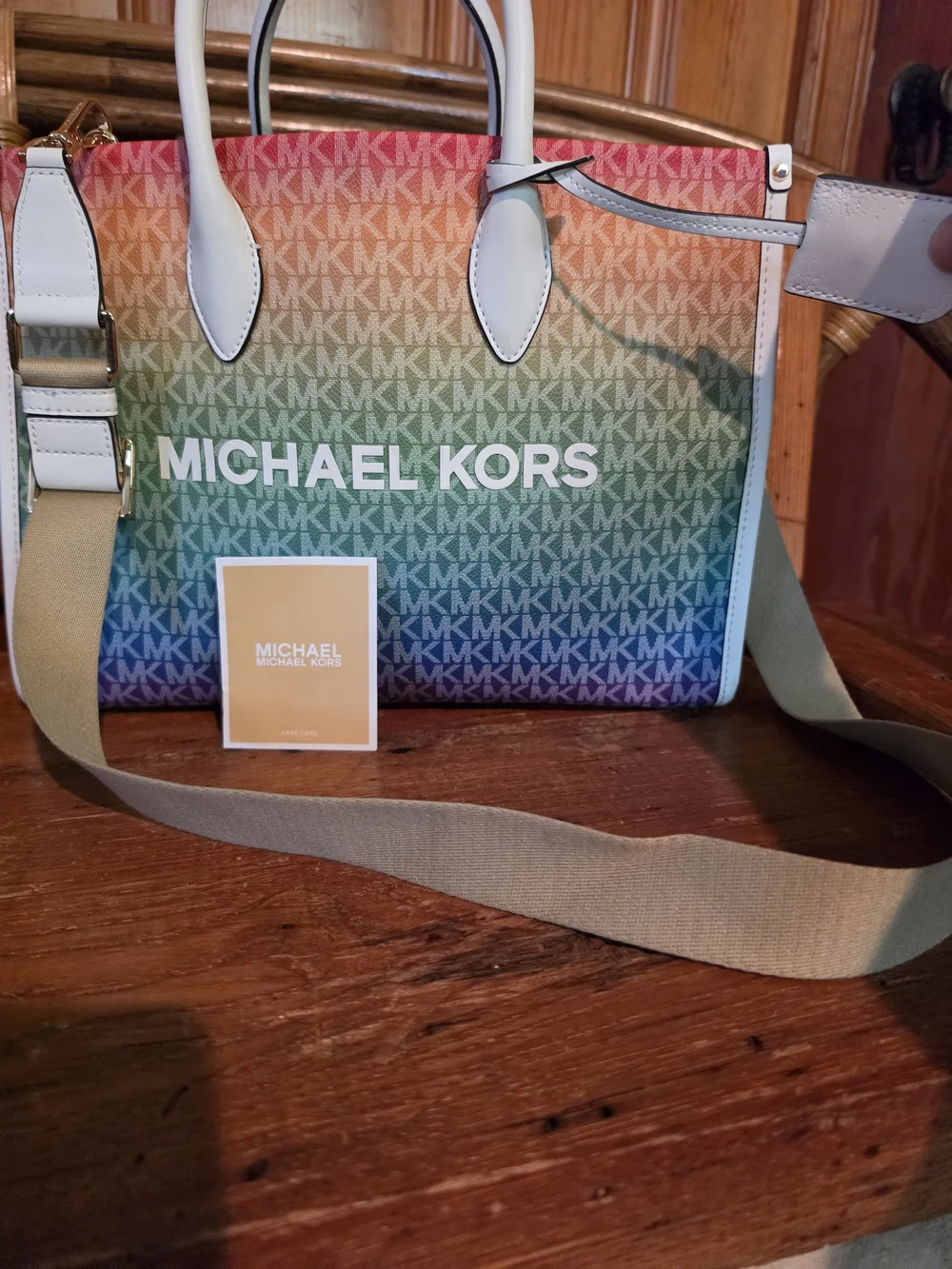 Michael Kors Rainbow Logo Tote with White Trim and Tan Strap